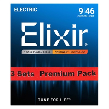 ELIXIR Electric Nickel Plated Steel with NANOWEB Coating 3SET PACK #12027 (Custom Light/09-46)