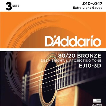 D’Addario 80/20 Bronze Acoustic Guitar Strings 3Set Pack EJ10-3D Extra Light