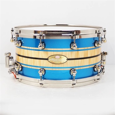 Masterworks Snare Drum 14×7 - Gloss Natural Sycamore w/Metallic Blue Stripe and Ebony Inlay/Ninickel Finish Parts [MWAC1470S-N]