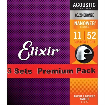 ELIXIR Acoustic 80/20 Bronze with NANOWEB Coating 3SET PACK #11027 (Custom Light/11-52) 画像1
