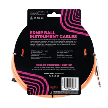 ERNIE BALL 【夏のボーナスセール】 Braided Instrument Cable 25ft S/L (Neon Orange) [#6067] 画像1